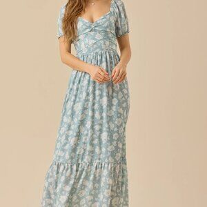"Arlene" Floral Blue Dress with Puff Sleeves Blue